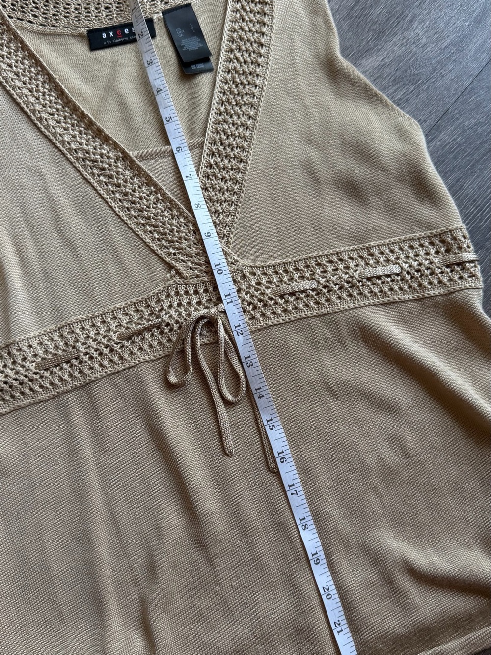 Axcess Liz Claiborne Crochet Knit Sweater Top Tie Waist Beige Oatmeal Size L - Picture 7 of 8